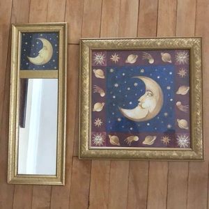 Two Piece Moon Wall Decor. Gold frame, celestial, rectangular mirror